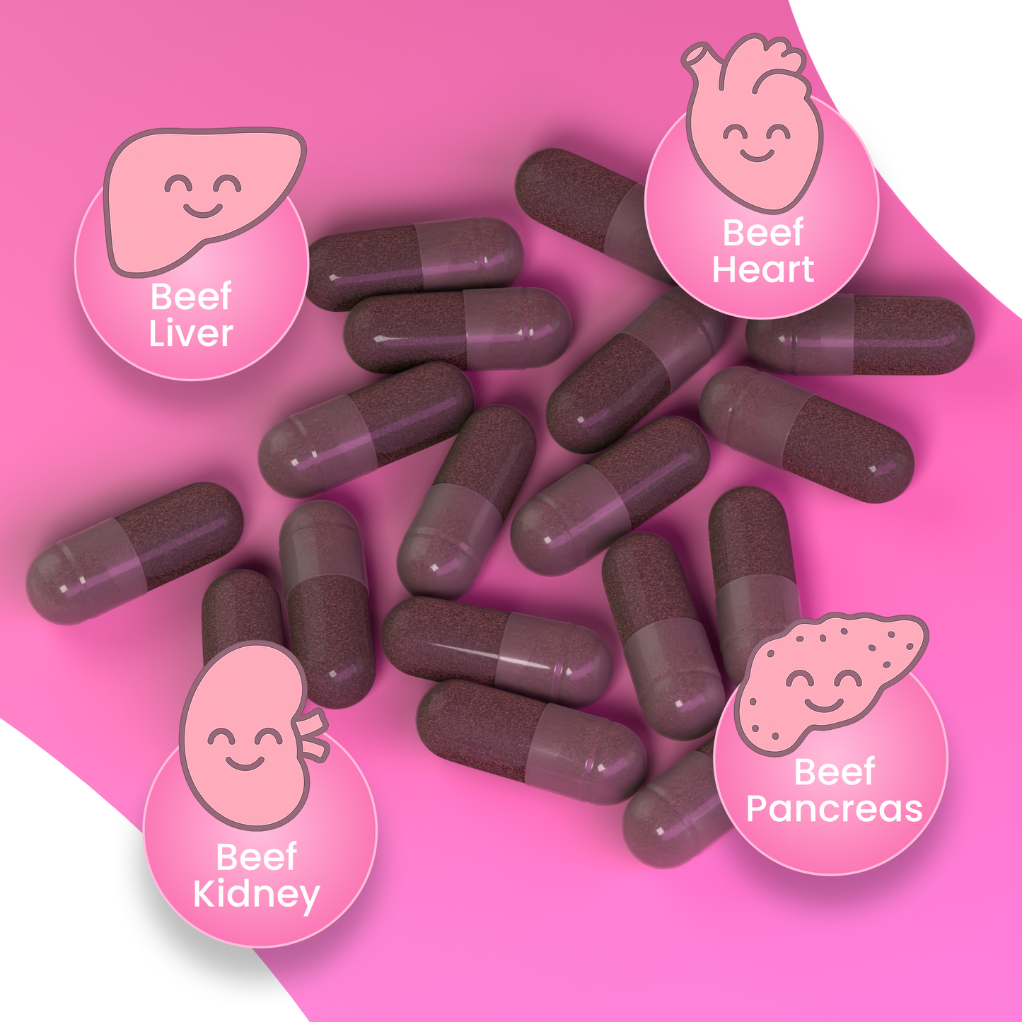 Pink-themed illustration of FEMPRIMAL Beef Organ Capsules with cute cartoon icons for beef liver, heart, kidney, and pancreas representing natural nutrient sources.