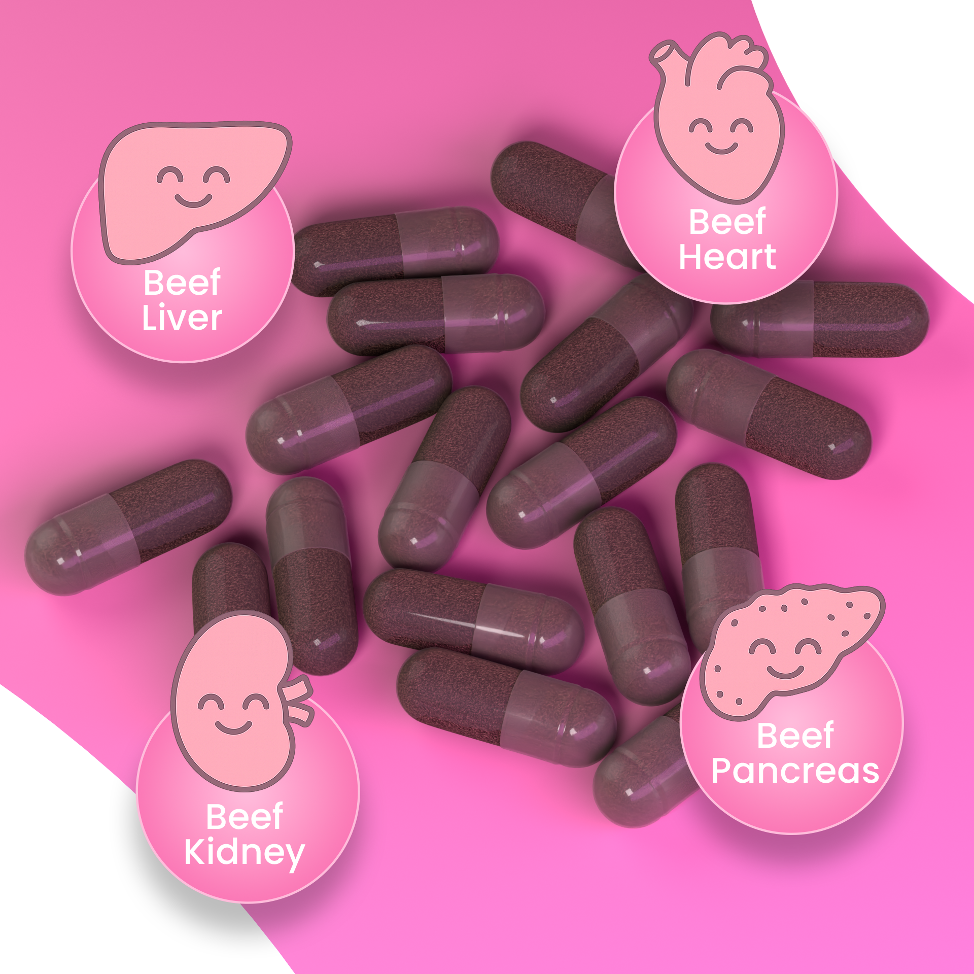 Pink-themed illustration of FEMPRIMAL Beef Organ Capsules with cute cartoon icons for beef liver, heart, kidney, and pancreas representing natural nutrient sources.