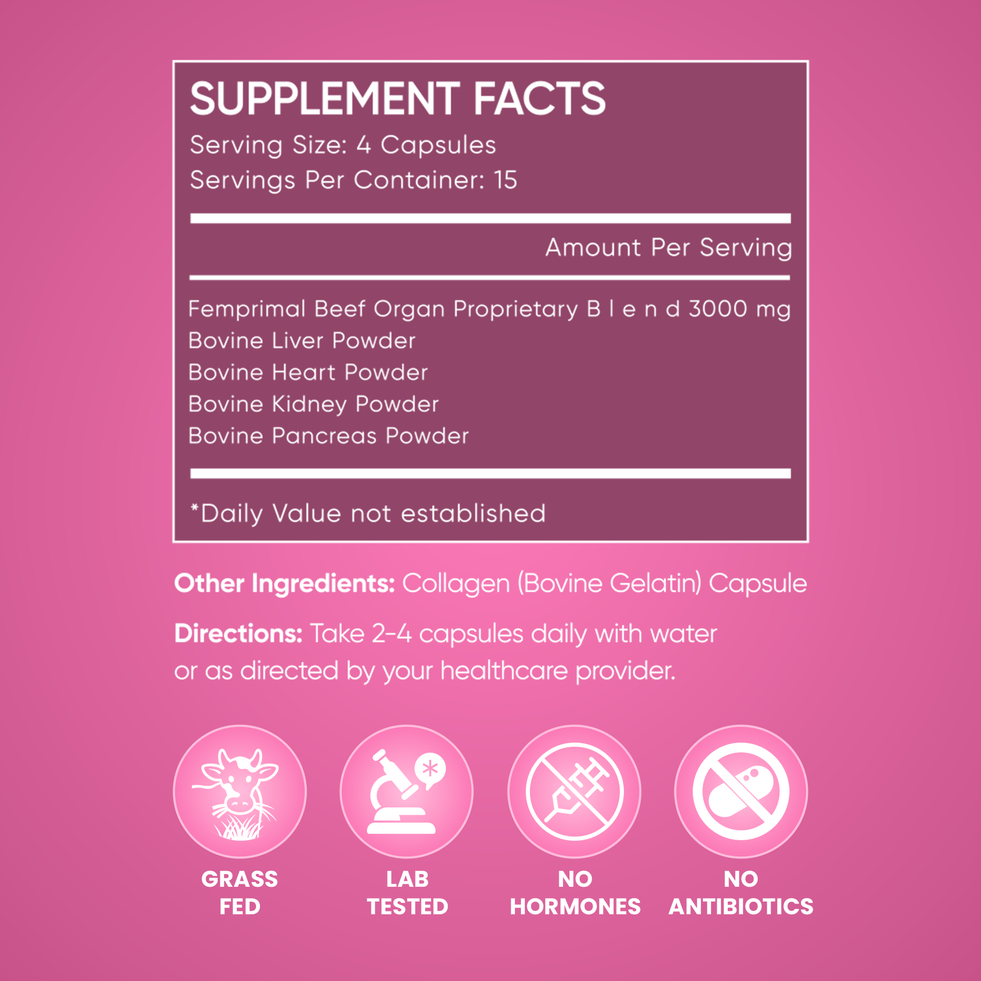 FEMPRIMAL Beef Organ Superfood Capsules Supplement Facts label showing ingredients like grass-fed liver, heart, kidney, and pancreas, with benefits for women’s hormonal balance and energy.